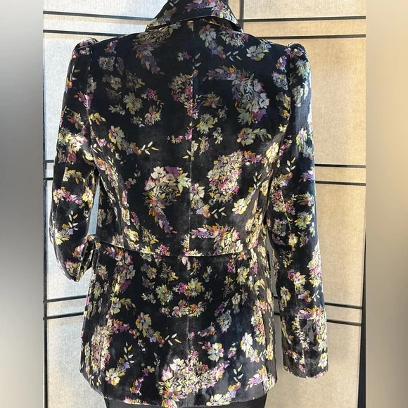 Rebecca Taylor Jewel Floral Print Velvet Blazer Size 4 Pockets Pleated shoulder